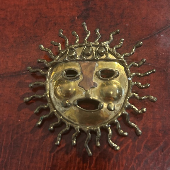 Jewelry - Vintage Aztec Sun Mask copper brass Brooch Pin